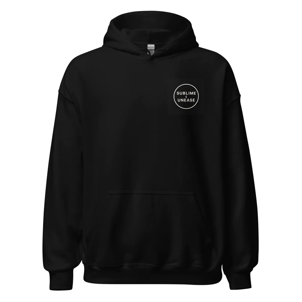 Black hoodie with a small logo on the chest against a white background