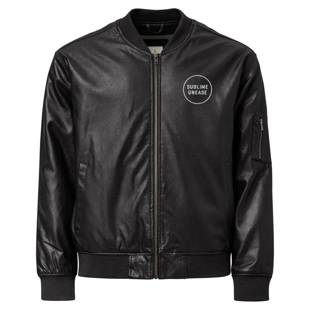 Black bomber jacket with a logo on the chest against a white background